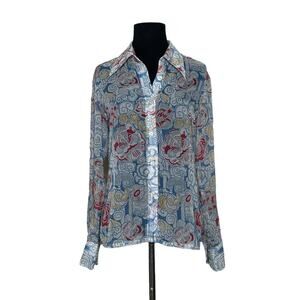 Acting Up blue red sheer floral long sleeves blouse size 10